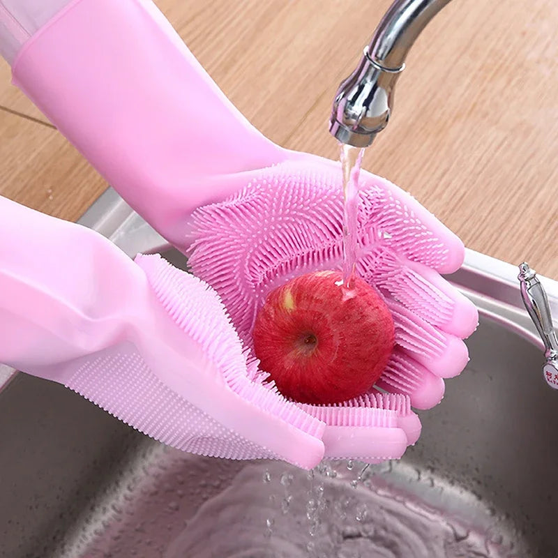 1Pair Silicone Dishwashing Gloves Bathing Gloves Dishwashing Cleaning Gloves Suitable For Household Sponge Brush Cleaning Tools Zpaxo