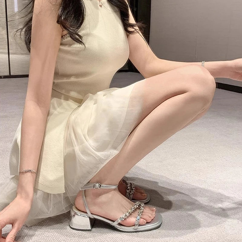 Summer French Rhinestone One Strap Sandals Open Toe Block Heels Zpaxo