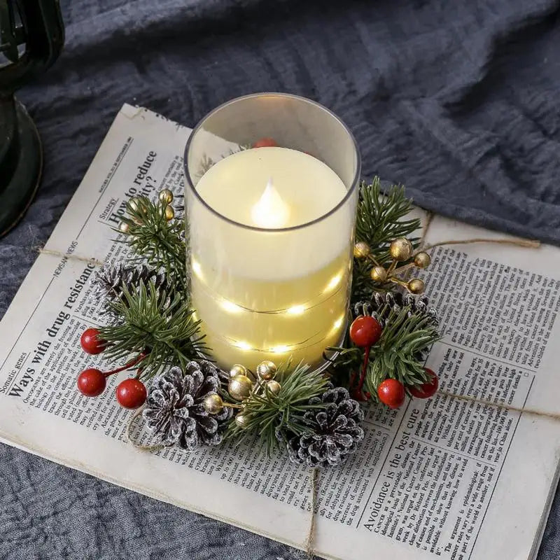 Christmas Candle Holder Candlestick Wreath Artificial Cherry Pinecone