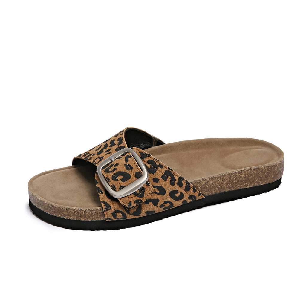 Summer Women's Leopard Print Cork Thick Soled Slippers Woman Non-slip