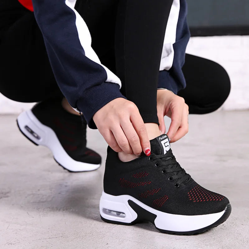 Women's Platform Mesh Breathable Sneakers Womens Spring Casual Wedge Zpaxo Single black red 37(Foot 23.5cm)