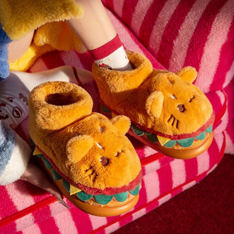 Women Cute Cartoon Hamburger Slippers Winter Warm Soft Plush Fluffy