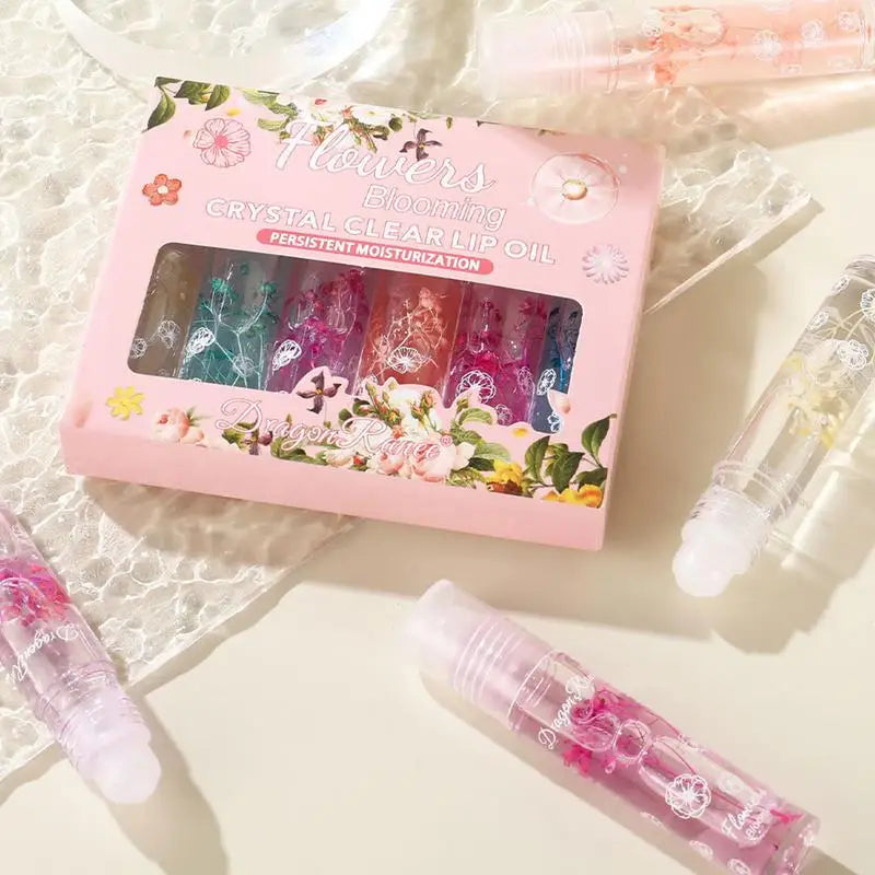 Flower Roll-On Lip Oil Gloss Set – Hydrating & Clear, 6 Pcs Lip Oil Gloss Set Zpaxo