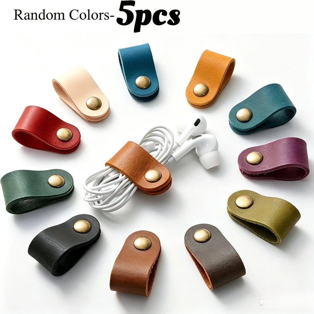 Faux Leather Data Cable Earphone Tie Desktop Storage Organizer Mobile