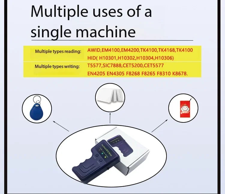 Handheld 125khz RFID Reader Writer,AWID and HID Copier with 5 T5577 Keyfobs & 5 White Cards Zpaxo