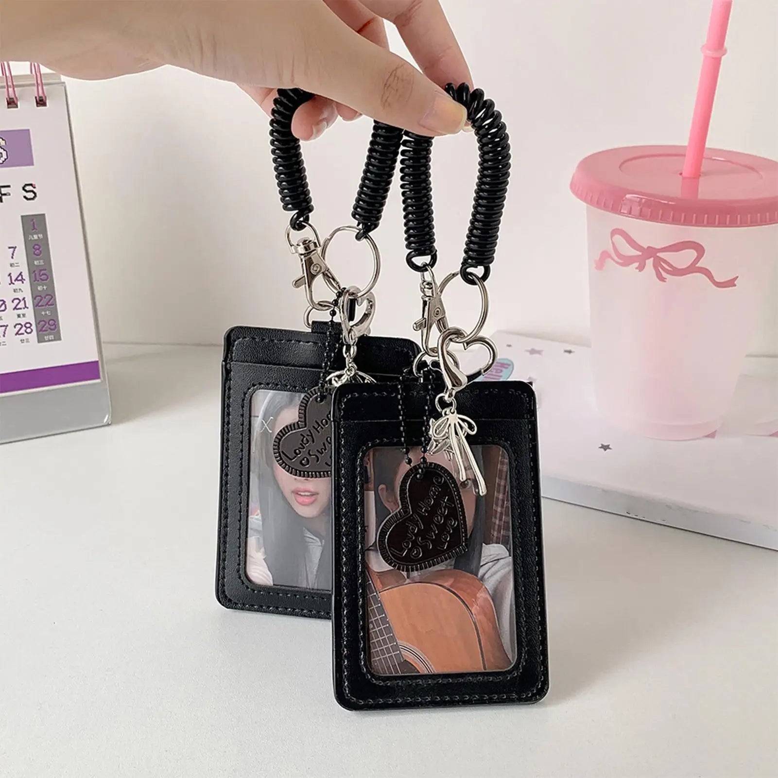 Photocard Holder Keychain PU Leather Identification Badges Protector Protective Sleeves with Love Heart Charm Spiral Wrist Coil Zpaxo