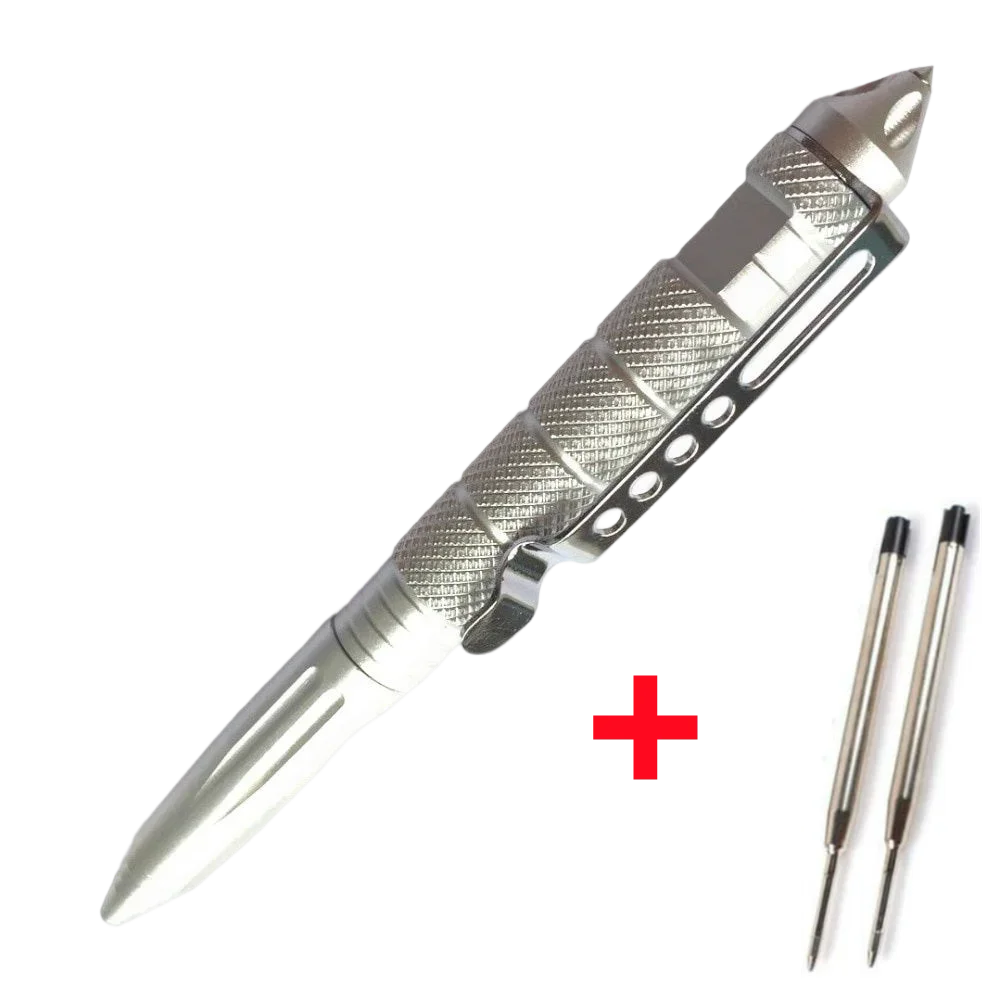 Portable Tactical Pen Self Defense Aviation Aluminum Emergency Glass Zpaxo Silver with 2 refill