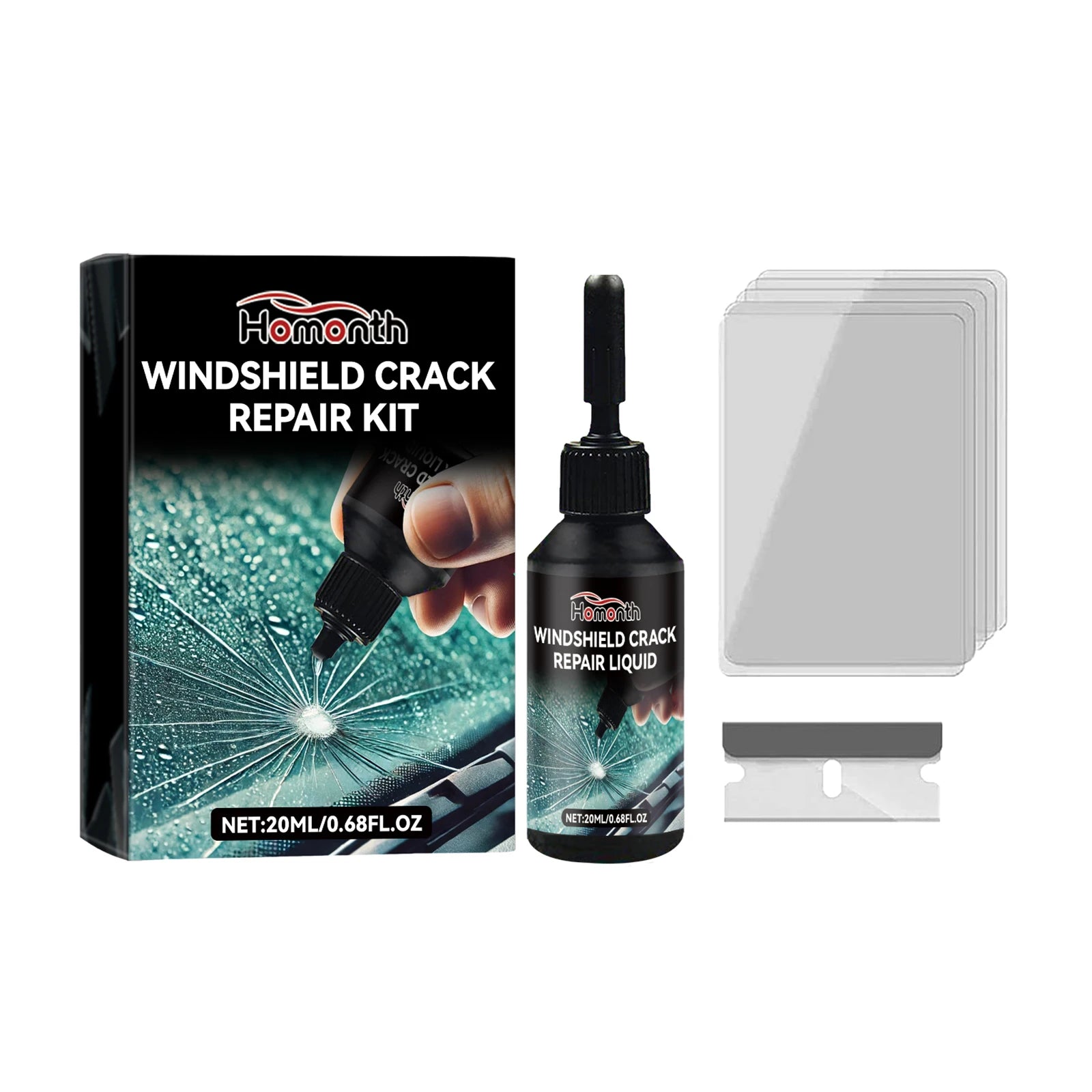 Windshield Chip Repair Kit with 1 Blade 5 Curing Films Glass Repair Liquid for Fixing Chips and Star Shaped Crack Zpaxo 20ml