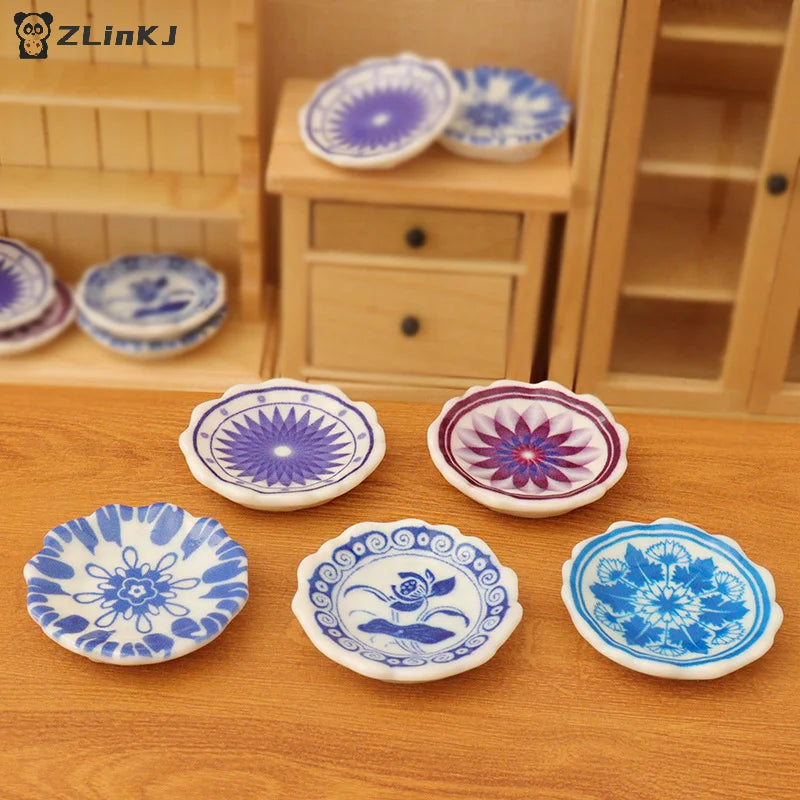 ▶5Pcs 1:12 Dollhouse Miniature Dining Plates Doll Home Simulation Kitchen Tableware Accessories Dolls House Scene Decor Toy Zpaxo