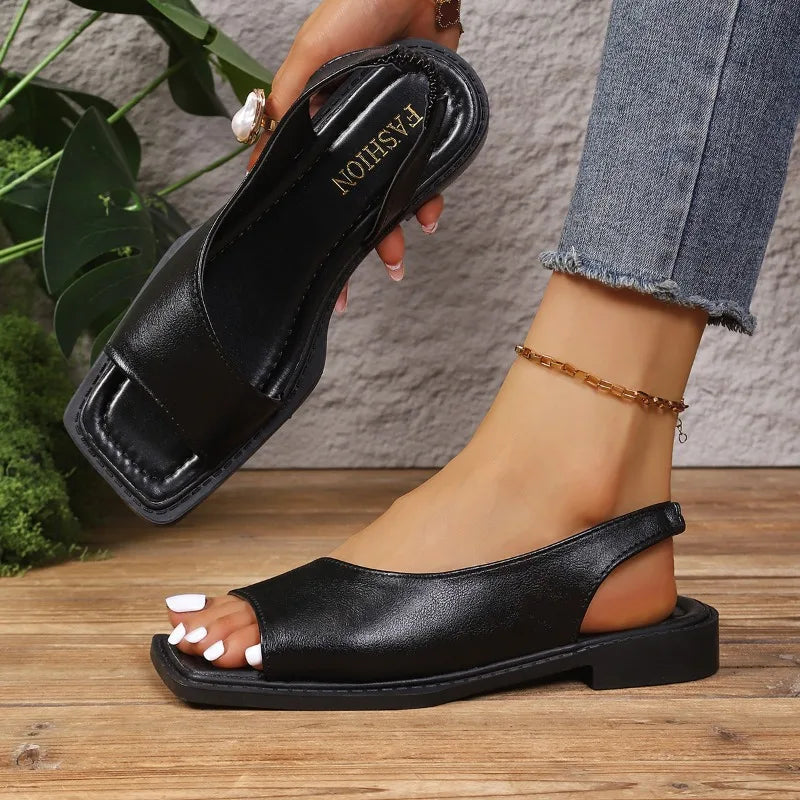 Women's Vintage Comfortable Mid Heel Sandals Summer Women Square Open Zpaxo