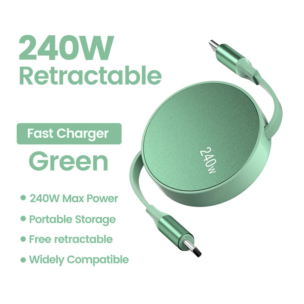240W PD USB Type C To Type C Cable Retractable Fast Charging USB C Cable For iPhone 15 Huawei Xiaomi Samsung MacBook Data Wire Zpaxo Green