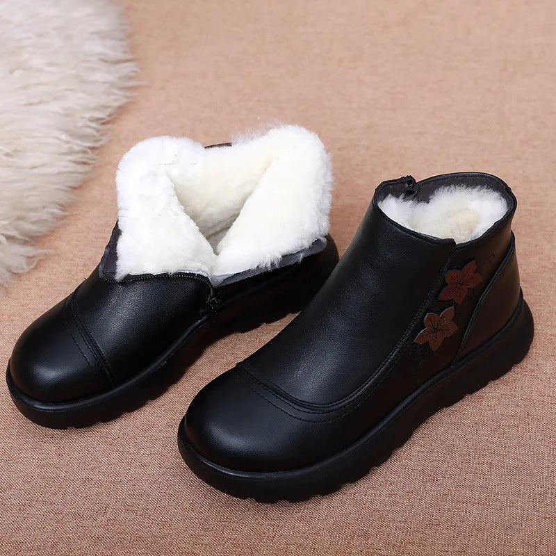 Black Leather Winter Ankle Boots Women Faux Fur Lining Floral Zpaxo A7226 Black 36 China Mainland