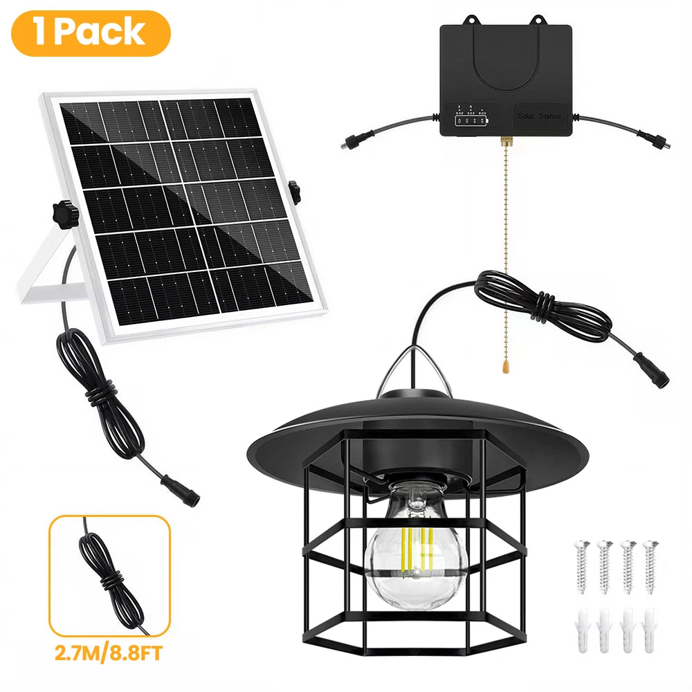 Vintage Hanging Solar Pendant Light with Battery Level Display IP65 Waterproof Pull Chain Switch Solar Shed Light for Outdoor Zpaxo Solar Pendant Lamp