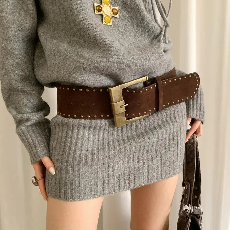Retro Suede Rivet Belt Punk Gothic Western Cowgirl Wide Cummerbunds Zpaxo