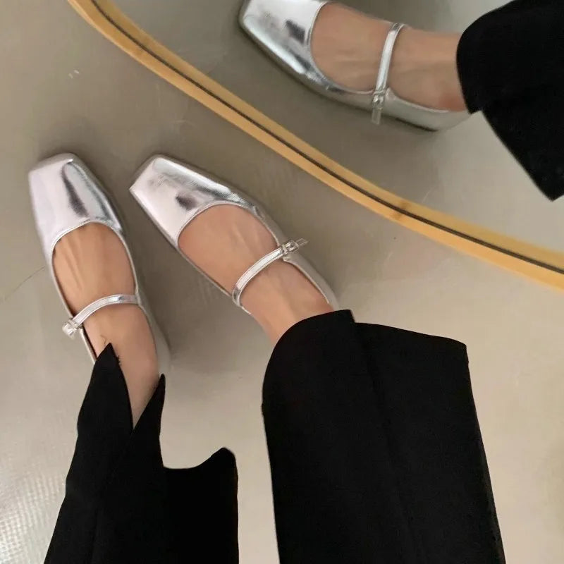 Flats Shoes for Women Spring Autumn Retro Square Toe Shallow Mouth Silver Shoe for Women New Flat Mary Jane Shoes Zpaxo