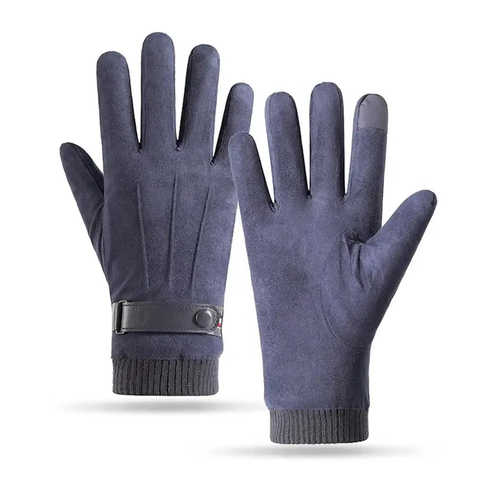 Men's Winter Windproof Warm Gloves Thickened Touch-Screen Suede Finger Gloves Outdoor Driving Buckle Ski Windproof Gloves Unisex Zpaxo ST014-Navy