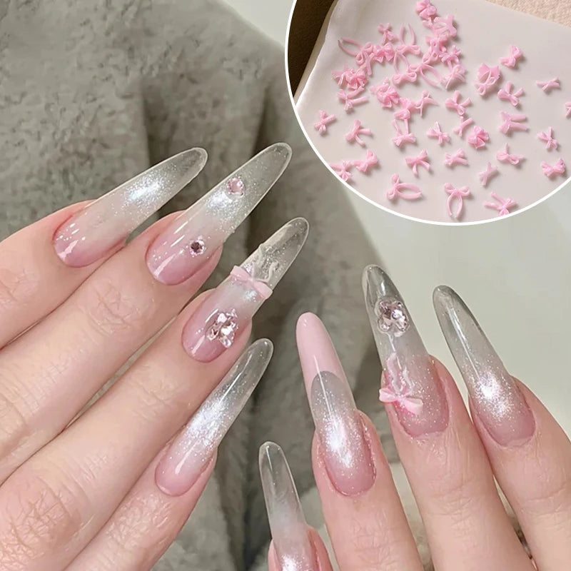 50pcs Sweet Pink Bowknot 3D Nail Art Decorations Mini Resin Ribbon Nail Rhinestones Charms Nail Accessories Manicure DIY Zpaxo