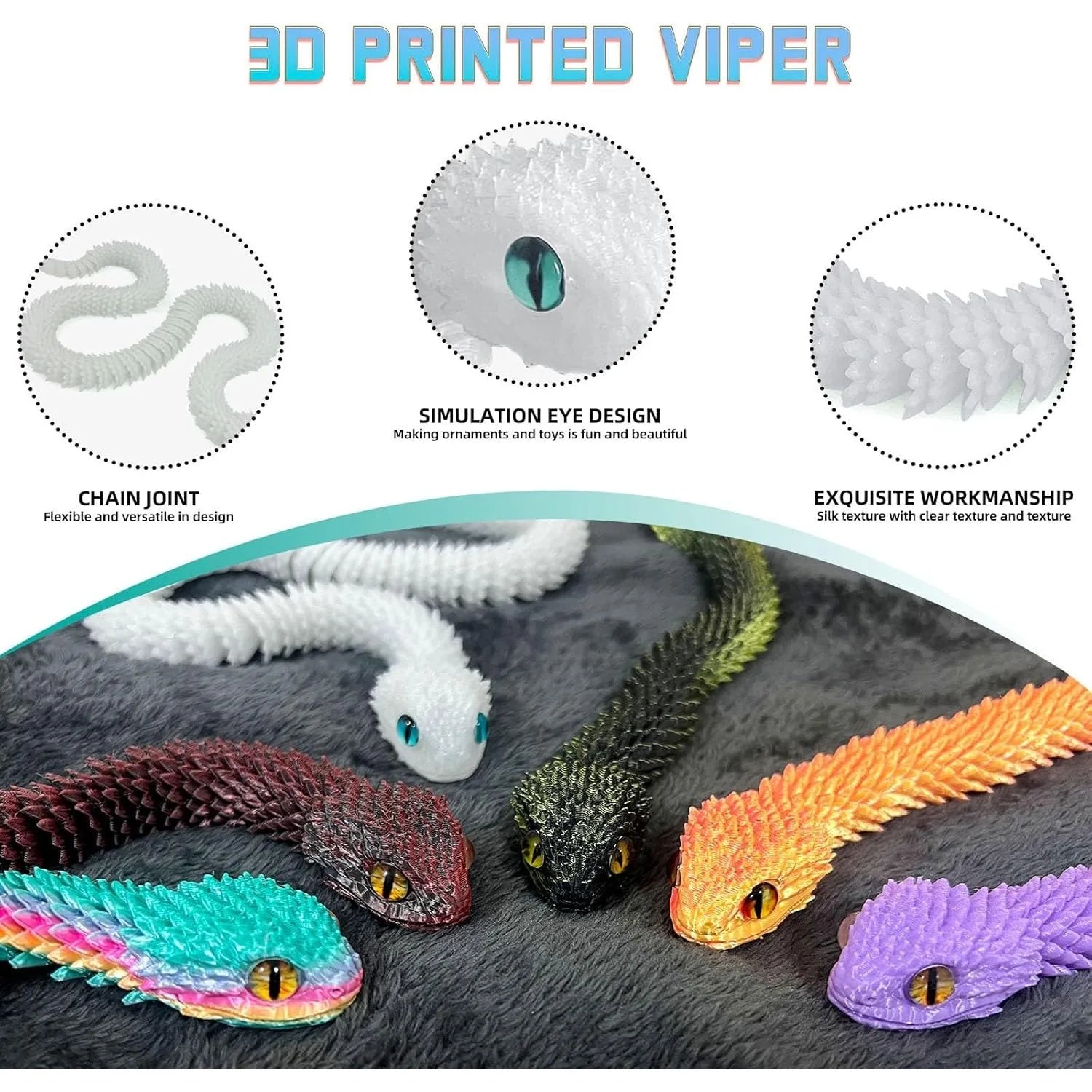 20 3D Printed Snake Animals Print Articulated Viper Collectible Home