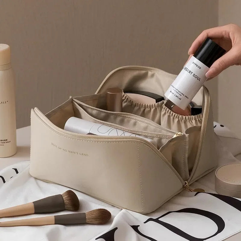 Travel makeup bag, large capacity women's makeup bag, waterproof portable bag open flat wash bag, with divider and handle Zpaxo style 1 bag white