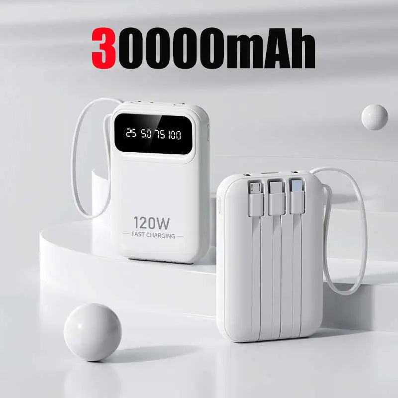 500000mAh Large Capacity Power Bank 120W Super Fast Charging External Battery Built in 4 Cables for iPhone Samsung 2026 New Zpaxo White 30000mAh