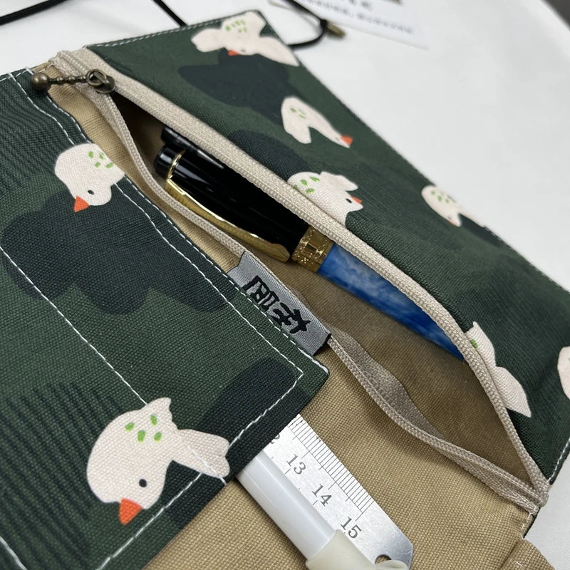 NNew Green Bird Canvas Fabric Pen Curtain Large Capacity Pen Bag Stationery Storage Bag Pen Bag Portable Pen Curtain Pencil Bag Zpaxo