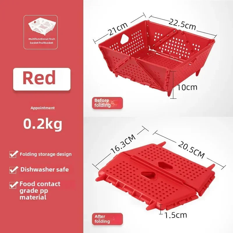 Hot Drain Basket, Fruit Basket, Foldable Plastic, Large Capacity, Raised Tiptoe, Household Kitchen, Vegetable Washing Basket Zpaxo Red