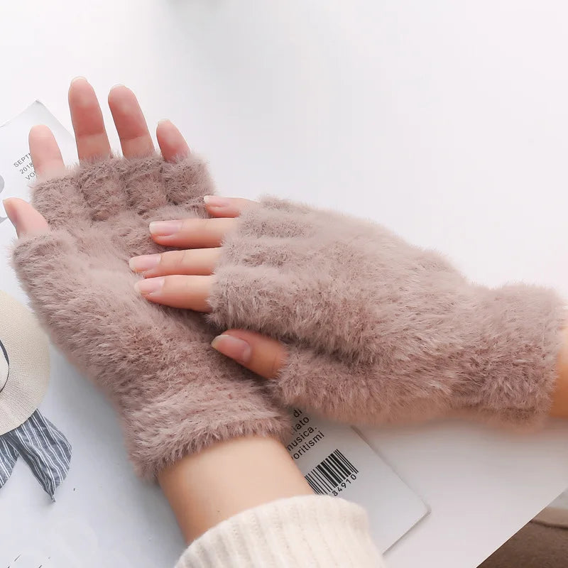 Women Men Half Finger Winter Imitation Mink Cashmere Gloves Touch Screen Writing Woolen Warm Mittens For Driving Outdoor Sports Zpaxo ST016-Khaki