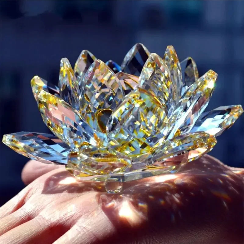 Crystal Lotus Flower Ornament Hand Cut Clear Glass Decor Feng Shui