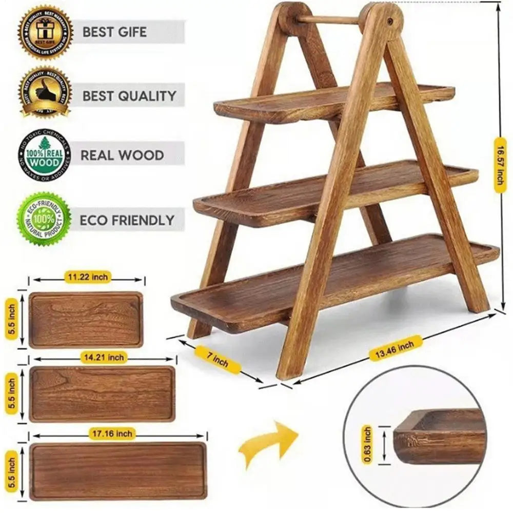3 Tier Serving Tray Rectangle Detachable Wooden Platter Food Party