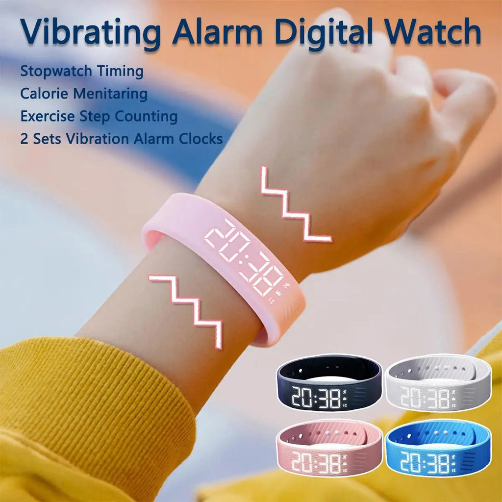 LED Digital Vibrating Alarm Watch Waterproof Sports Pedometer Silent