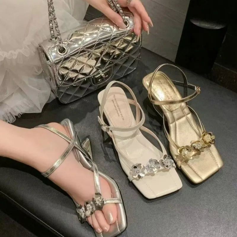 Flower Decoration Ankle Strap Women's Sandals Summer Mid Heel Square Zpaxo