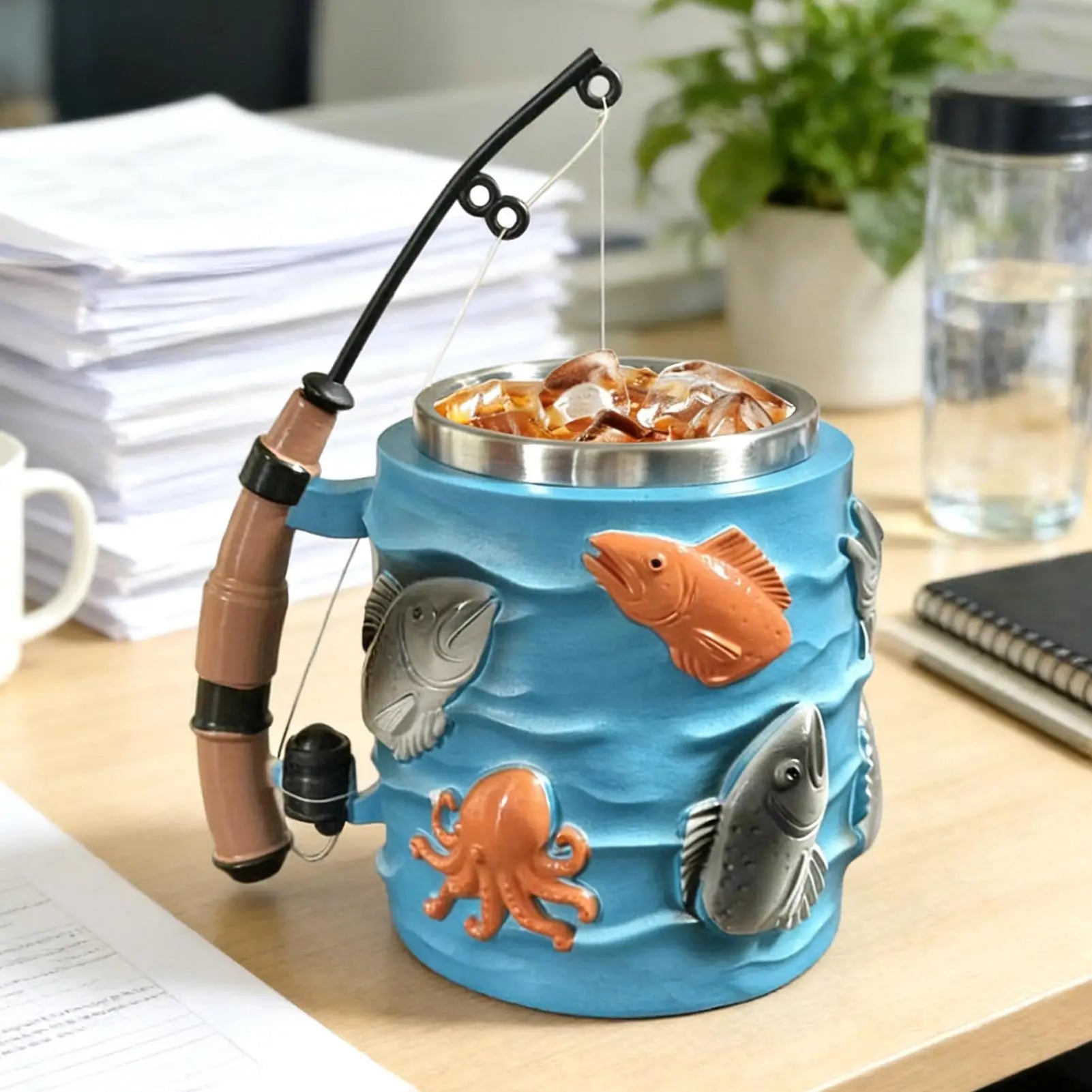 Fishing Coffee Mug Milk Drinkware 3D Embossed Tea Cup Rod Handle Men