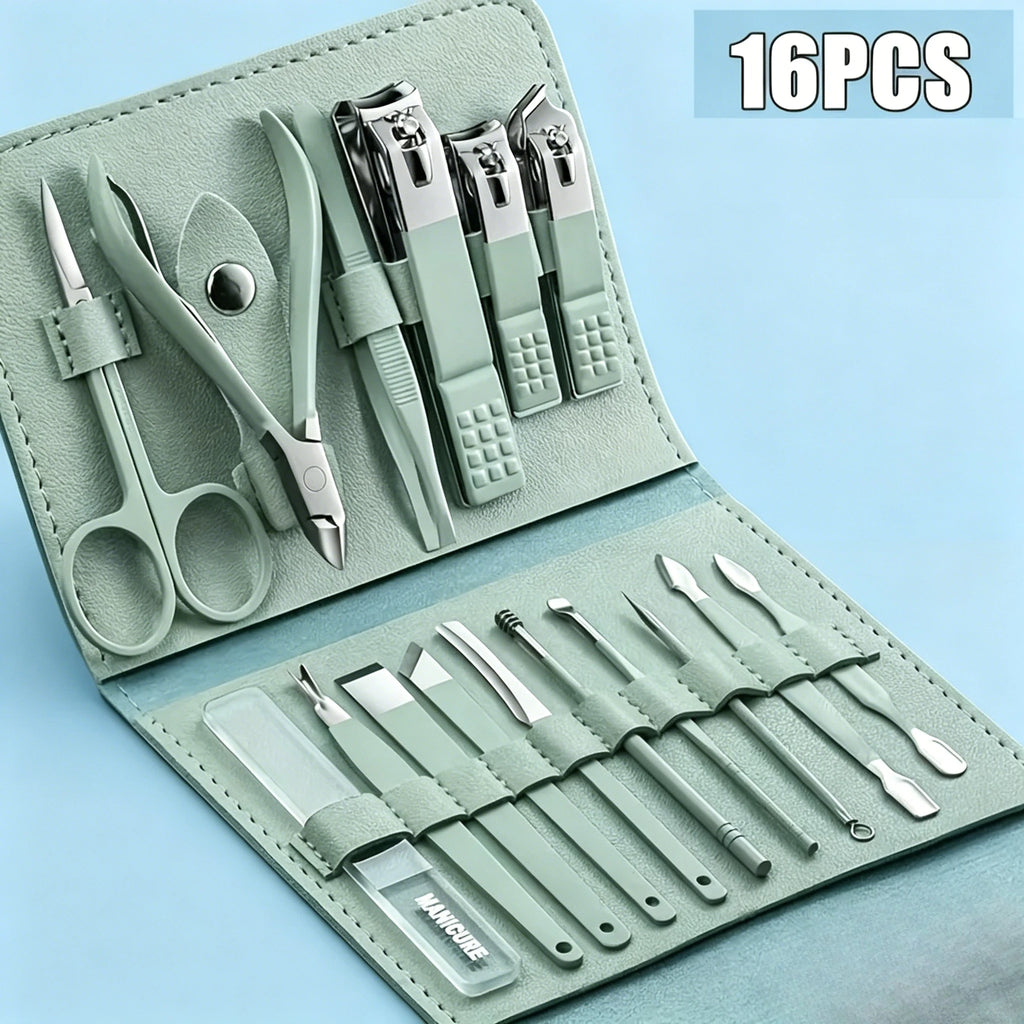 Professional 16Pcs Nail Clippers & Cuticle Nippers Manicure Pedicure Set Home Travel Nail Care Tools Kit Zpaxo green-h