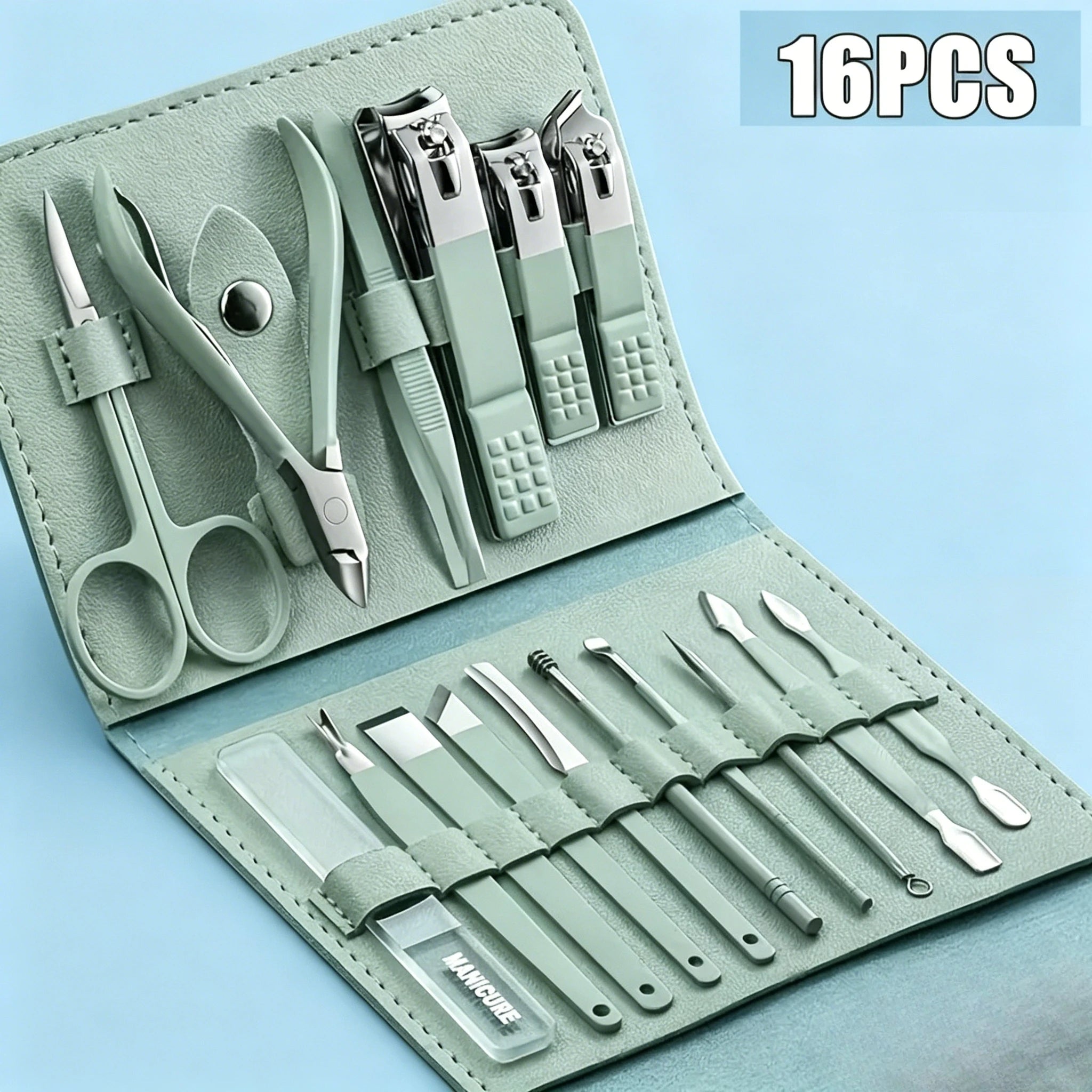 Professional 16Pcs Nail Clippers & Cuticle Nippers Manicure Pedicure Set Home Travel Nail Care Tools Kit Zpaxo green-h