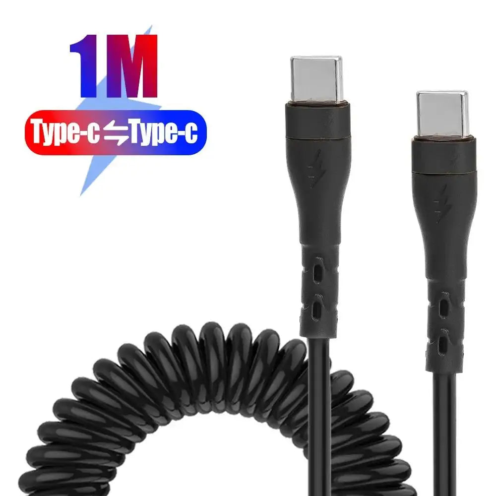 120W USB C to Type C Fast Charge Spring Cable Telescopic Car Phone Charger Data Cord For iPhone Samsung Xiaomi Realme USB Cables Zpaxo Black-1m