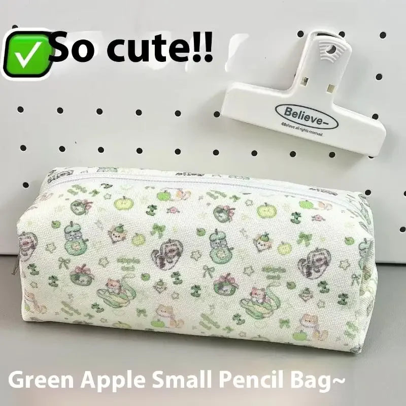 1 Piece Cute Green Apple Cat Printed Makeup Bags Cartoon Kitten Pencil Bag Large Capacity Stationery Storage Bag Zpaxo