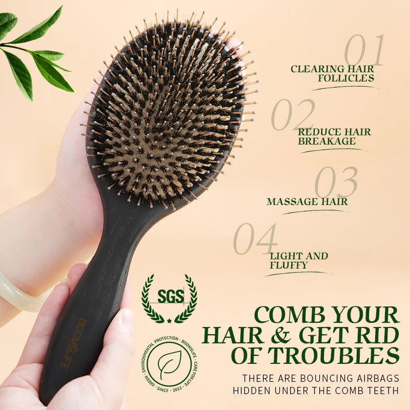 BOOMSLIFE Black Boar Bristle Mix Nylon Hair Brush Women Custom Massage Sclap USA Oak Wood Hair Comb for Hair Barber Accessories Zpaxo