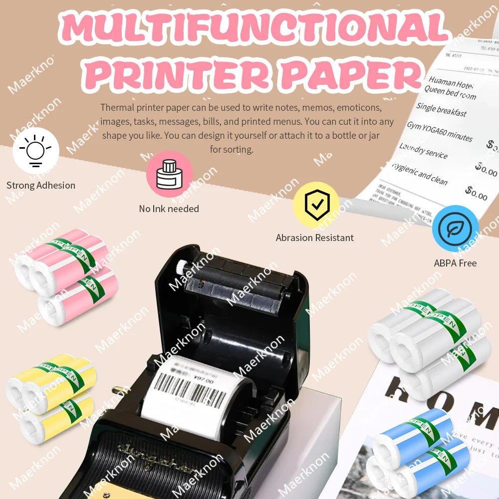 5 Rolls Colorful White Mini Printer Self-Adhesive Paper, 57mm Adhesive Thermal Printing Paper, Office Label Paper Printing Paper Zpaxo