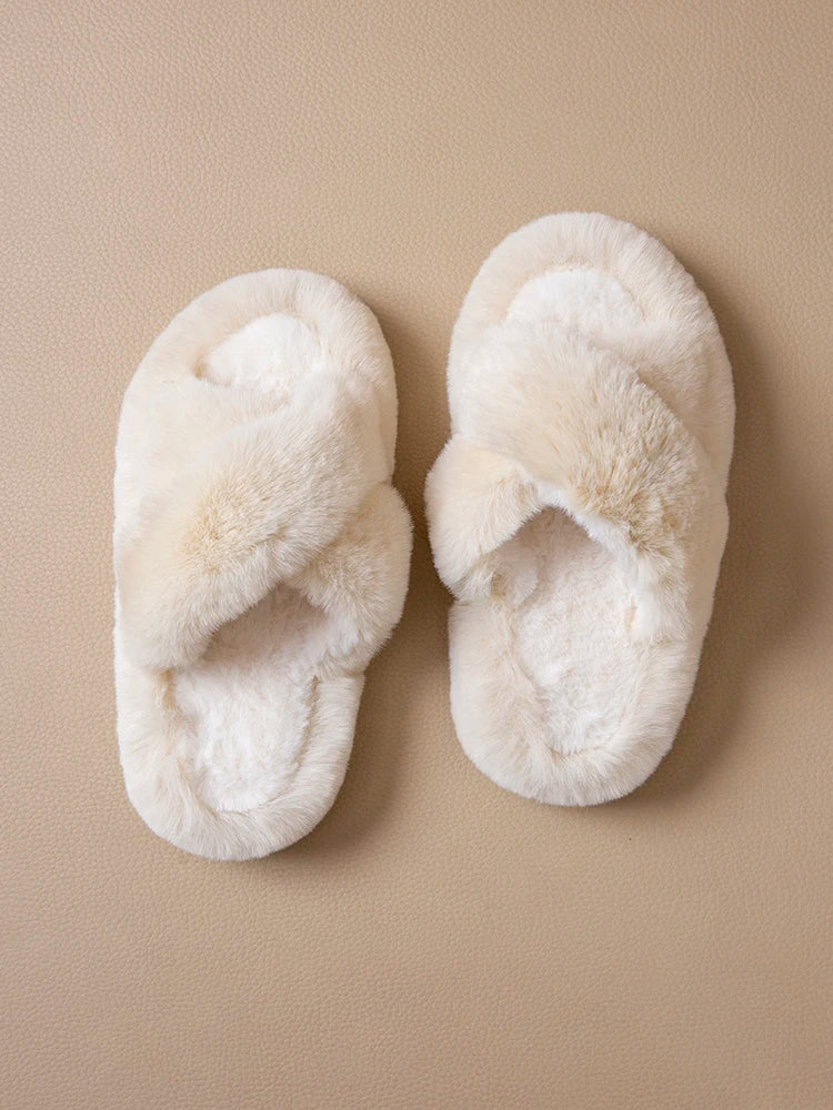 Cross Warm Fluffy Furry Slippers Women Lightweight Flat Heels Fur
