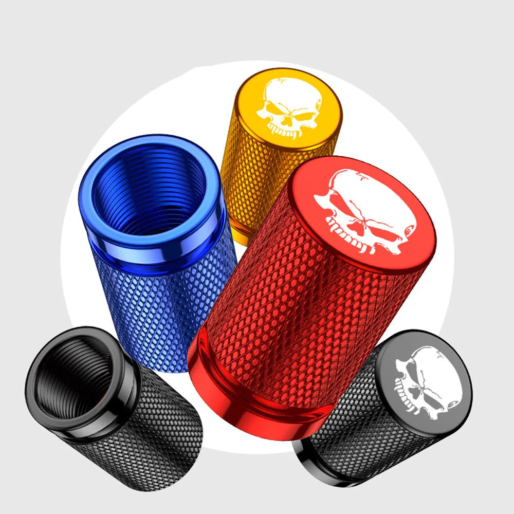 4-Pack Skull Aluminum Tire Valve Stem Caps – Universal Fit