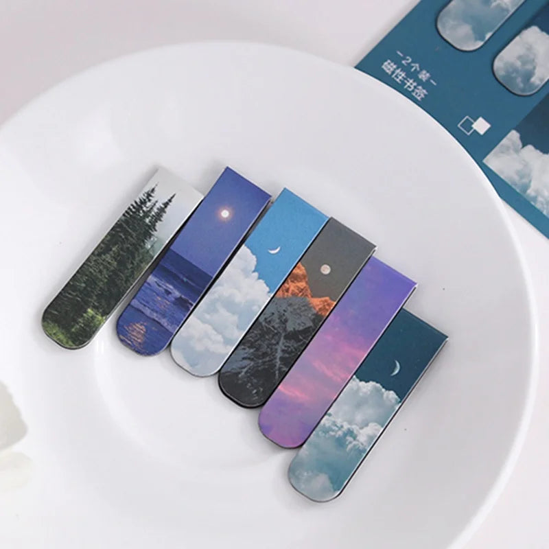 2pcs Fantasy Landscape Bookmarks Kawaii Magnetic Bookmark Book Clips Reading Items Page Holder School Stationery Office Supplies Zpaxo
