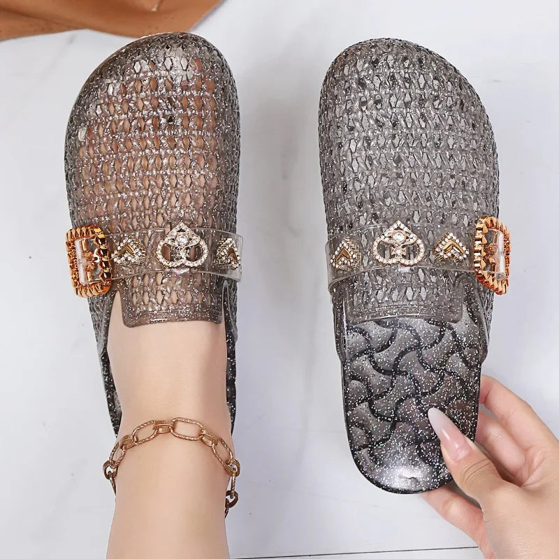 2026 Summer Women's Flat Transparent Closed Toe Slippers Hollow Out Zpaxo black 37