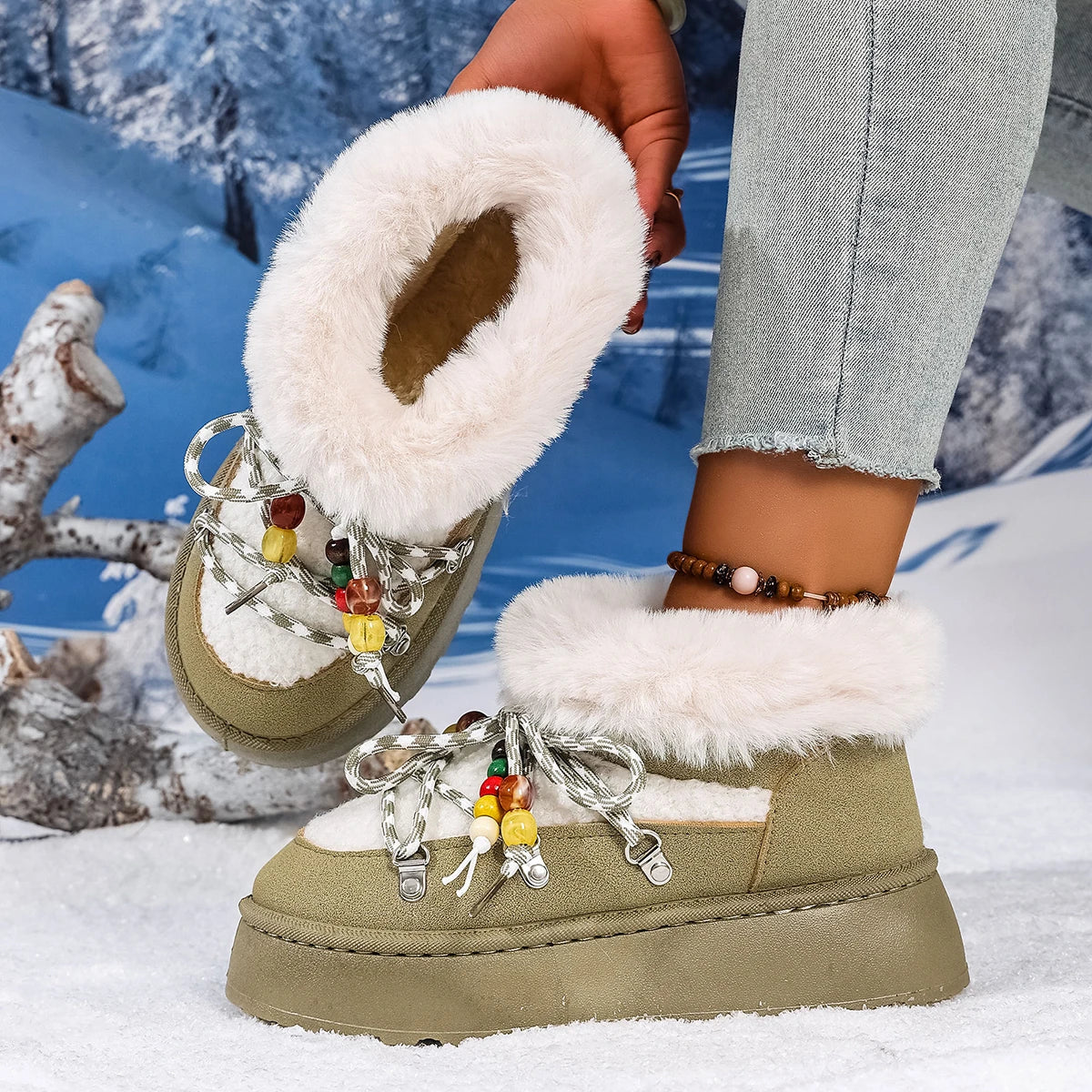 2025 Winter Ankle Boots Women Platform Shoes Antiskid Waterproof Ski Boots Luxury Fluffy Furry Fur Boots Woman's Ankle Booties Zpaxo