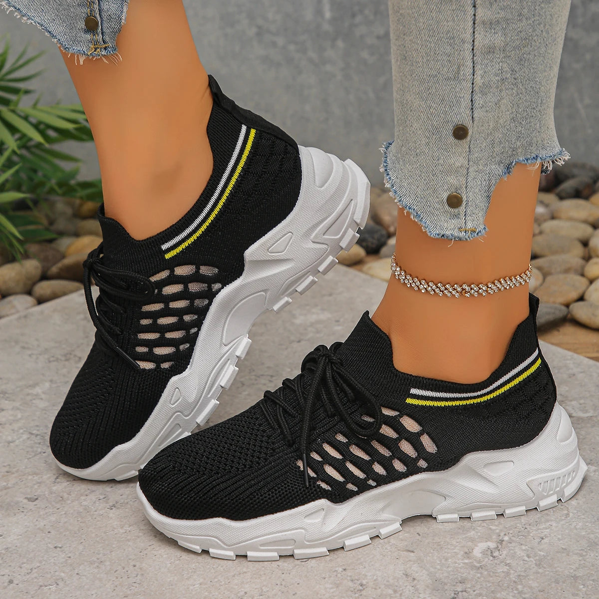 Women Mesh Shoes Fashion Casual Leisure Sneakers Women Comfortable Breathable Mesh Sports Shoes Spring Autumn Outdoor Sneakers Zpaxo black 43