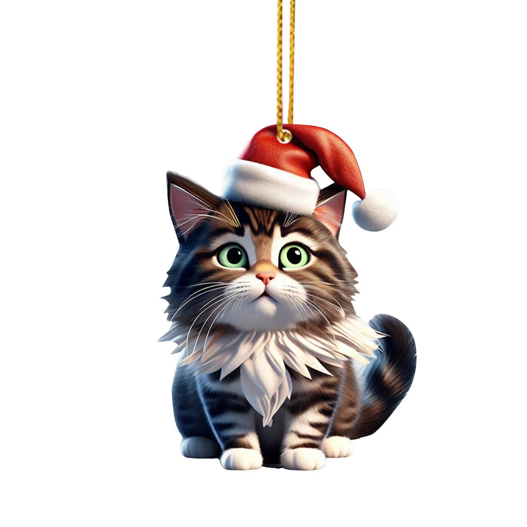 2D Acrylic Funny Cat Christmas Tree Ornament | Santa Hat