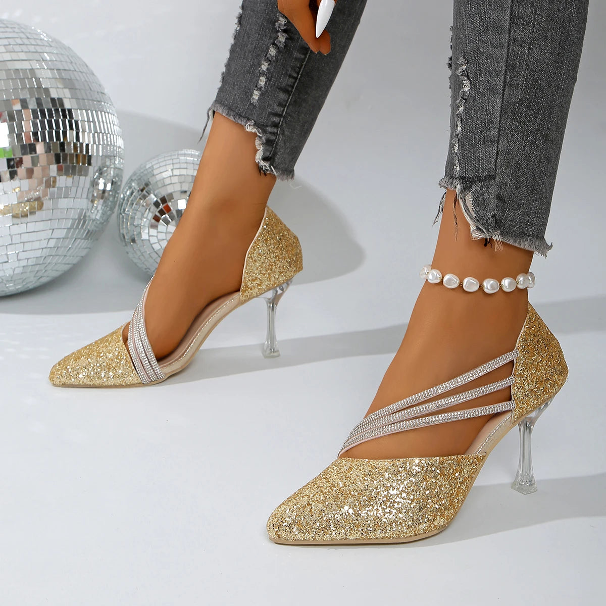 2025 Women Sandals Shiny Crystal Wedding Bridal Shoes Simple Elegant Zpaxo Gold 43