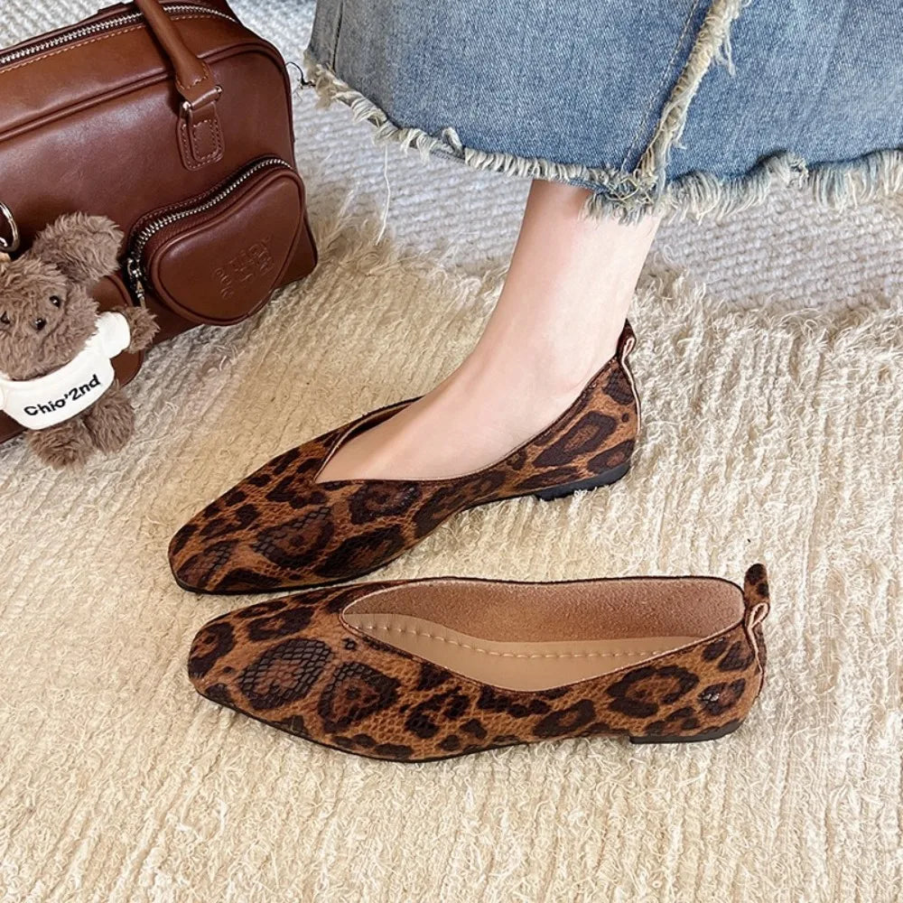 Big 35-43Snake Pattern Leather Woman Square Toe Shallow Ballet Flats