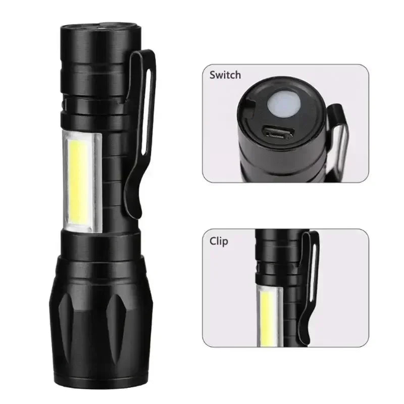 USB Rechargeable Mini COB+XPE Zoomable Flashlight – 3-Mode Torch LED Flashlight Torch Zpaxo