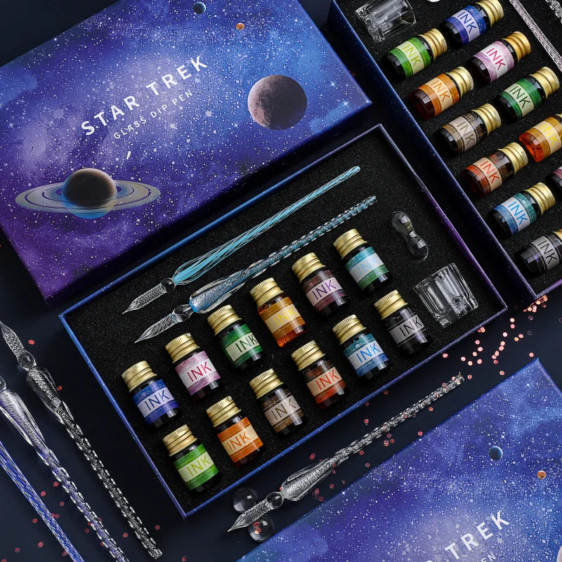 Starry Sky Glass Dip Pen Set – 16-Piece Crystal Gift Collection