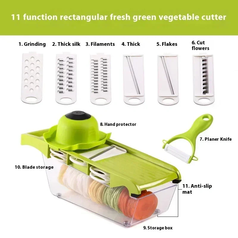9 In 1 Multifunctional Vegetable Slicer Cutter Shredders Slicer with Basket Fruit Potato Chopper Carrot Grater Kitchen Gadgets Zpaxo green